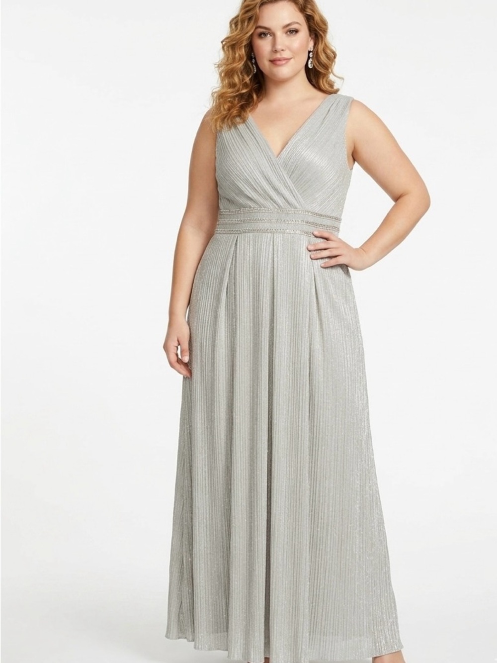 R&M Richards Silver V-Neck Pleated Maxi Dress with Beaded Waist